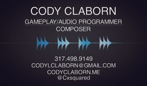 Business card made for GDC. It's black with a blue sound wave. It says Cody Claborn